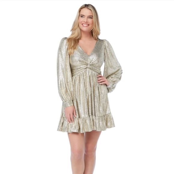 Skies Are Blue Gold Ruffled Wrap Mini Dress Women's Size Small - Picture 2 of 16